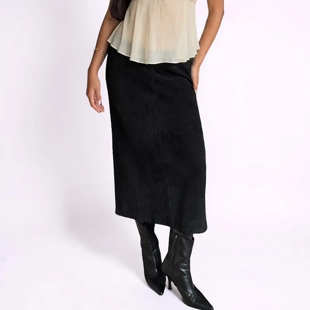 Vintage Casual Corner Annex Black Faux Suede Midi Skirt Size Small - Picture 1 of 7